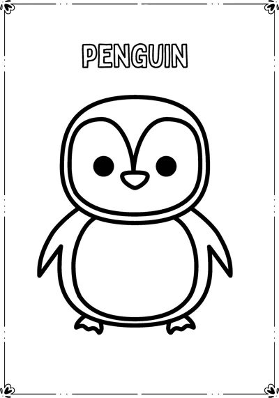A very simple penguin with round body and short flippers stands under the word Penguin inside a decorative border.