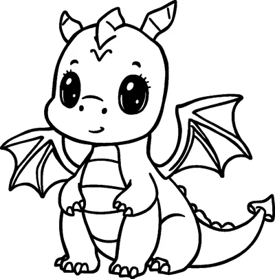 A baby dragon with three little horns, big eyes, small bat wings and a spiked tail sitting down.