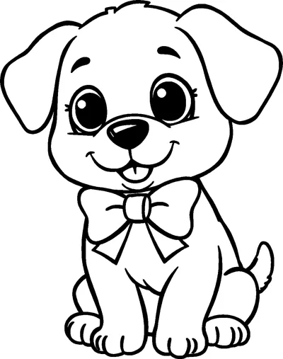 A floppy-eared puppy sitting with a happy open mouth and a large bow tied at its neck.