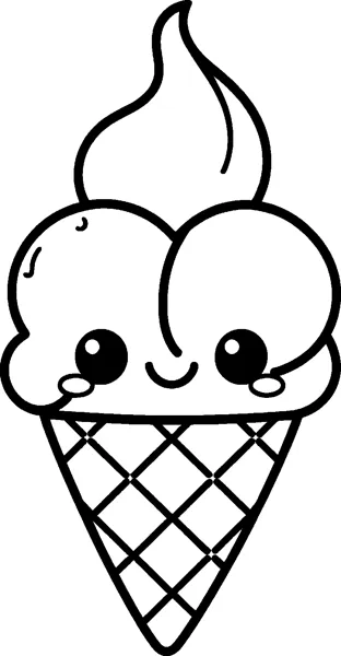 An ice cream cone with two round scoops, a soft swirl on top, a small face and a waffle pattern.