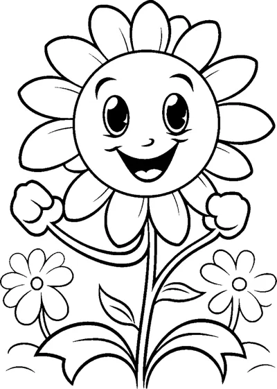A tall flower with a smiling face is surrounded by daisies and leafy stems.