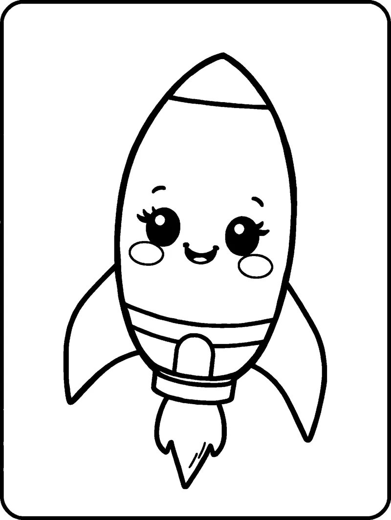 A smiling rocket with two fins and a flame shooting from its base, inside a rounded frame.