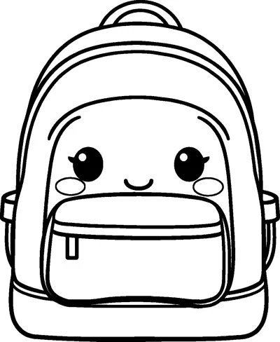 A school backpack with a top handle, side pockets, a zip front pocket and a small smiling face.