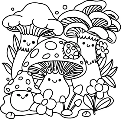 A cluster of mushrooms with smiling faces grows among flowers and leaves.