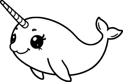 A chubby narwhal with a striped spiral tusk, a big lashed eye and a curved tail swimming along.