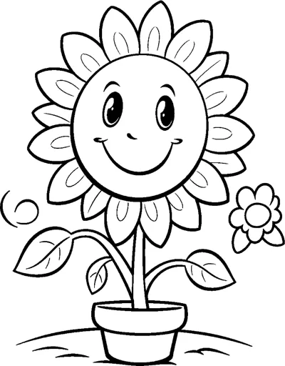 A sunflower with a smiling face and big eyes grows from a pot with a small flower beside it.
