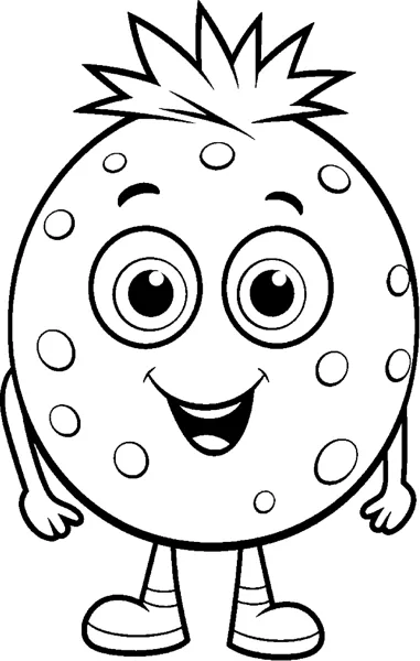 An oval fruit character with spots, a spiky leafy top and thin legs smiles.