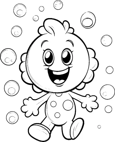 A round-headed creature with a polka-dot body skips among floating bubbles.