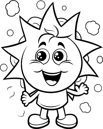 A sun character with pointed rays, big eyes and shoes stands with its arms out among bubbles.