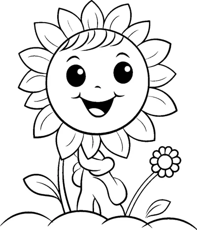 A child with a sunflower head and a tuft of hair walks on a hill beside a small daisy.