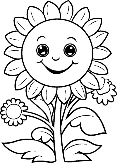 A sunflower with a smiling face and big leaves grows beside a small daisy.