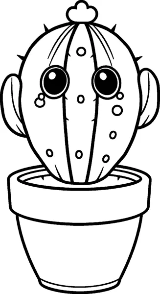 A round cactus with big eyes, small spines and a flower on top growing in a plain flowerpot.