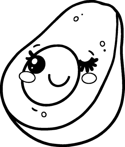 A halved avocado whose round pit has a winking face with one open eye and rosy cheeks.