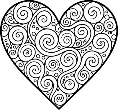 A heart outline packed with curling spirals, flowing swirls and little circles of different sizes.