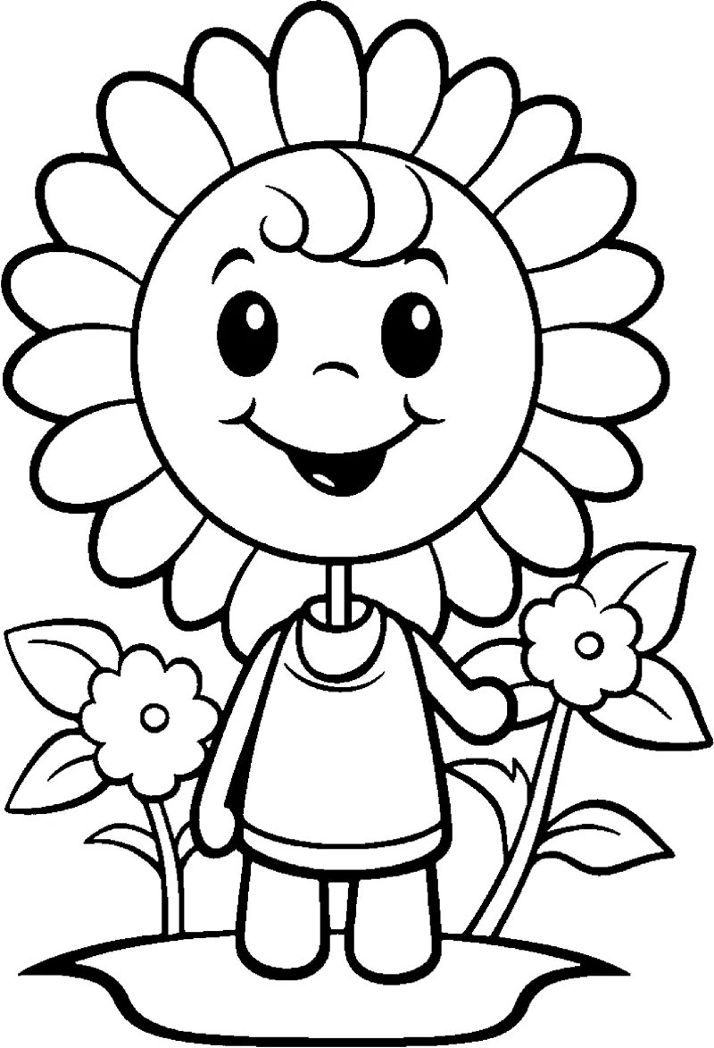 A child with a flower-petal head and simple body stands between two small flowers.