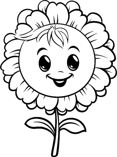 A flower with a smiling face and fluffy ruffled petals grows on a stem with two leaves.