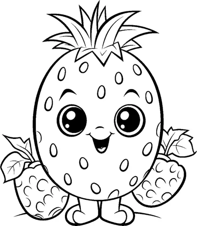 A big strawberry with a face and leafy top stands between two small strawberries.