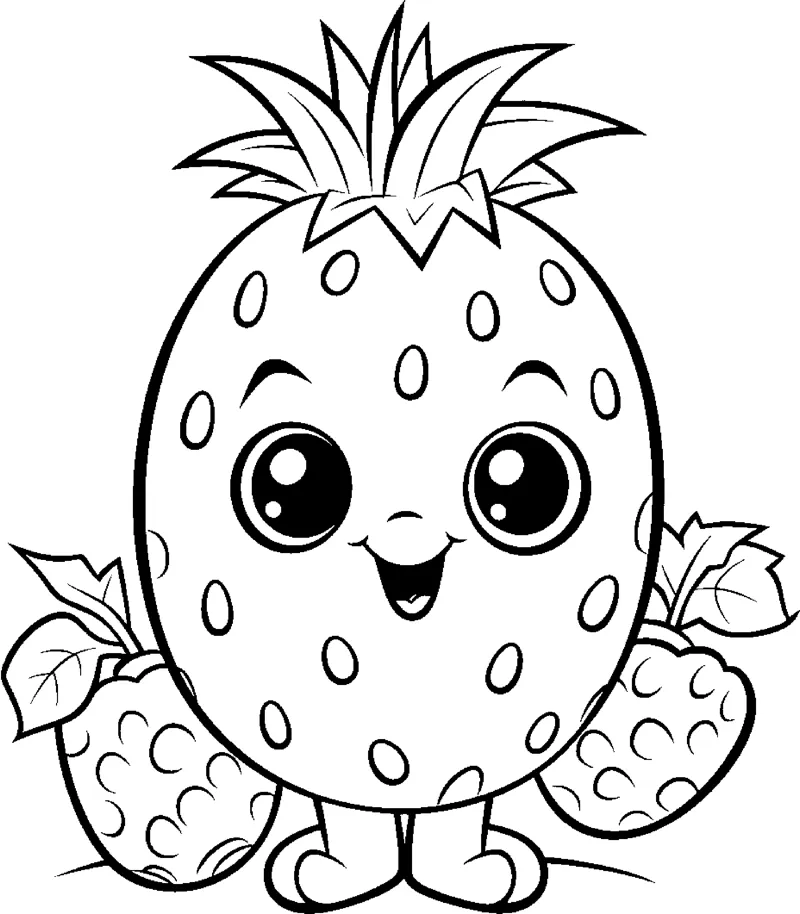 A big strawberry with a face and leafy top stands between two small strawberries.