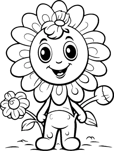 A child with a flower-petal head and a tuft of hair holds a daisy in one hand.