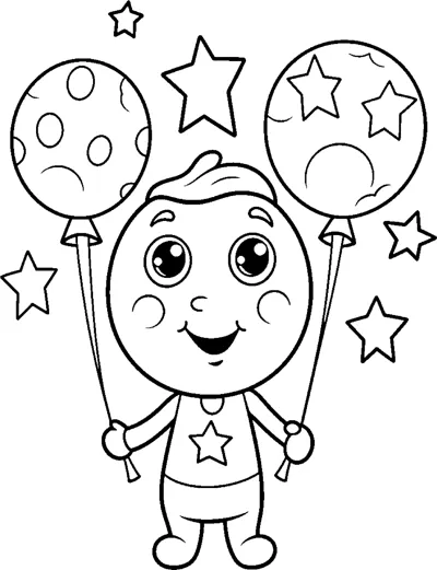 A smiling child holds two balloons, one spotted and one starry, with stars floating around.