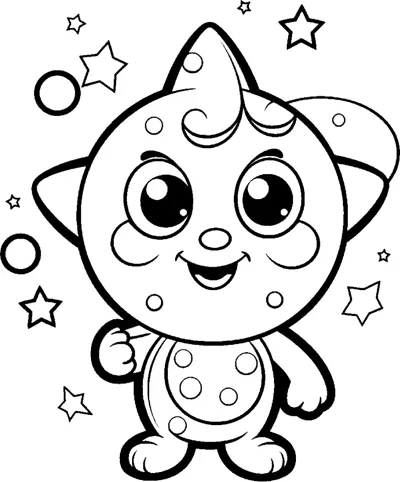 A chubby cat-like creature with pointed ears and a spotted belly stands among floating stars.