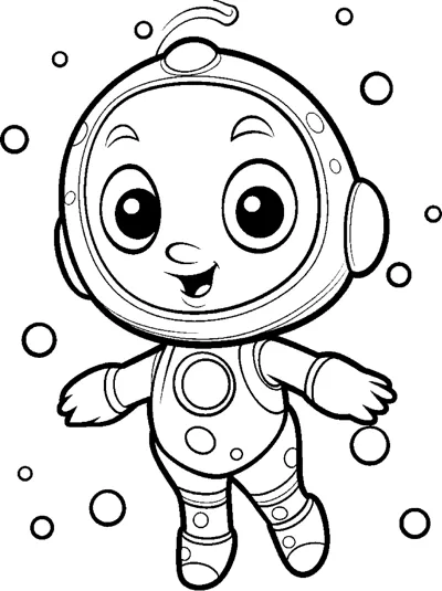 A child in a round space helmet and spacesuit floats with bubbles around.