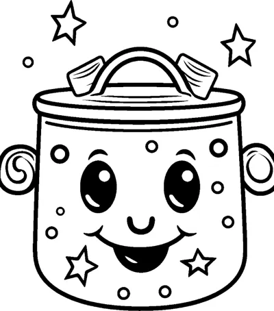 A cooking pot with a face, handles and a lid smiles with stars floating around it.