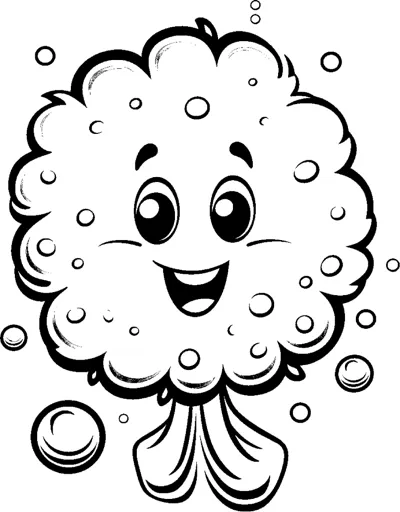 A fluffy round creature with a smiling face and a small tail sits among bubbles.