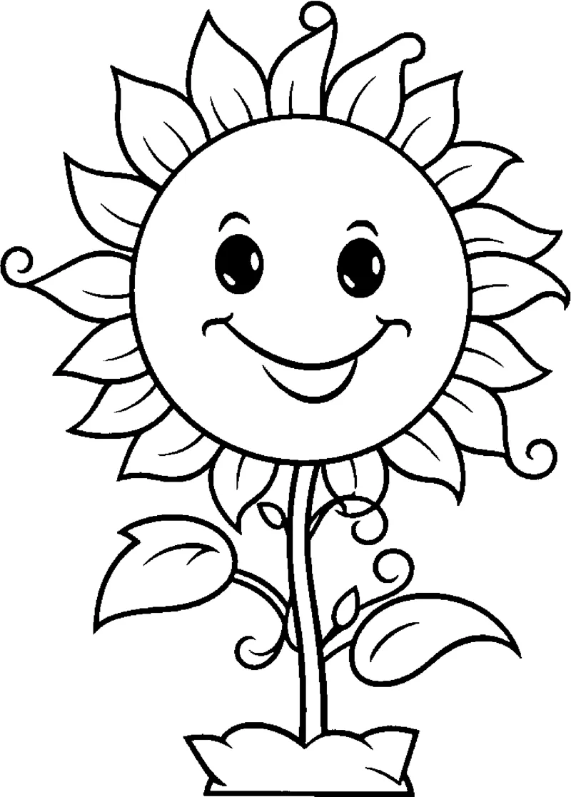 A sunflower with a smiling face grows on a tall stem with several leaves.
