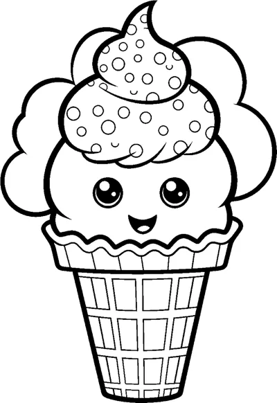 An ice cream cone character with a swirl of sprinkled frosting and a smiling face.