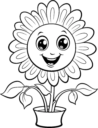 A flower with a smiling face and many petals grows in a pot with leaves on either side.