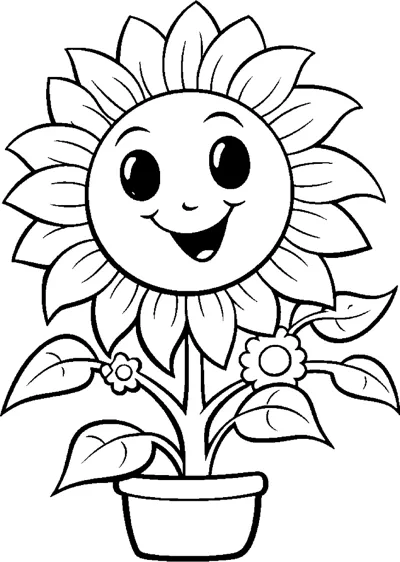 A smiling sunflower grows in a pot with leaves and two small flowers beside it.