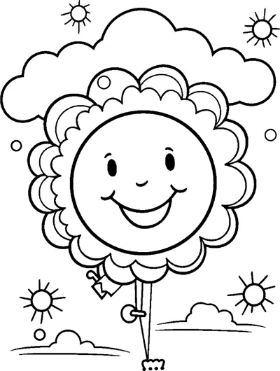 A smiling sun with cloud-like rays floats among clouds and smaller suns, holding a string.