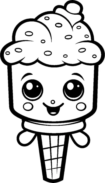A simple ice cream cone with a sprinkled frosting swirl and large eyes on a waffle cone.