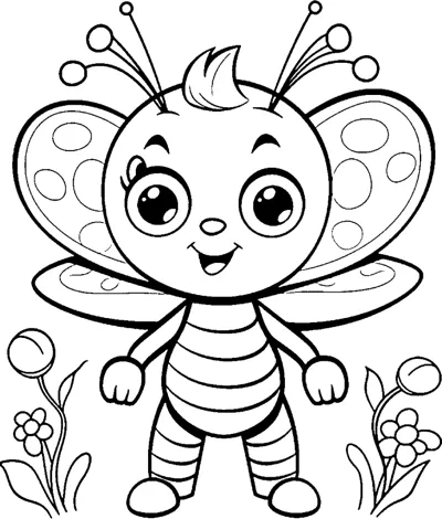 A bee character with spotted wings, antennae and a striped body stands between small flowers.