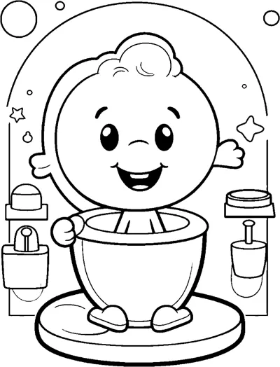 A smiling baby sits in a round bathtub with bottles on the shelf behind.