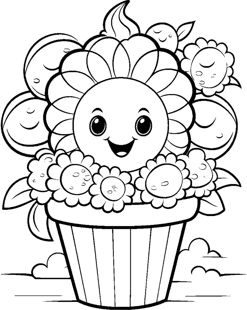 A cupcake topped with a smiling flower surrounded by small blossoms and leaves.