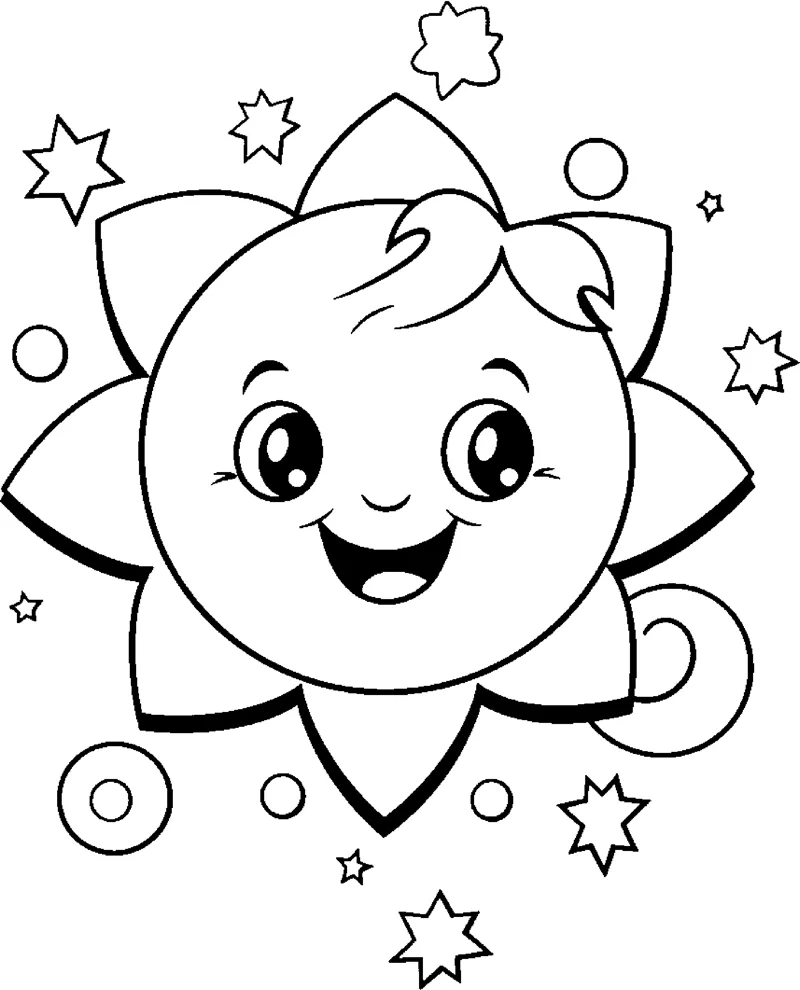 A round face with star-shaped petals smiles among scattered stars and circles.