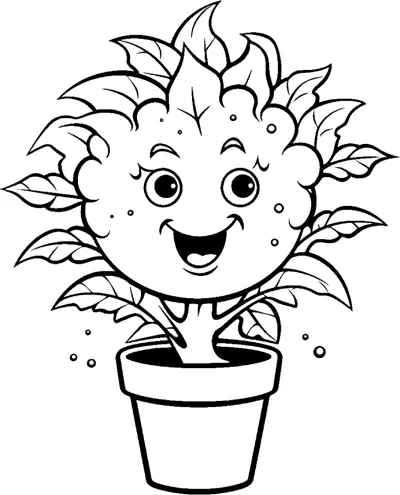 A creature with a crown of leaves and a smiling face grows from a flower pot.