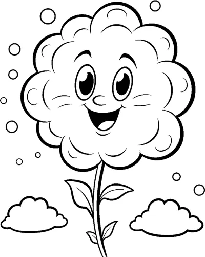 A cloud-shaped flower with a smiling face grows on a leafy stem among clouds and bubbles.