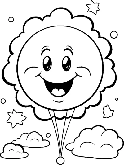 A puffy cloud with a smiling face floats on balloon strings among clouds and stars.