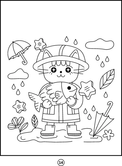 A cat in a rain hat, coat and boots holds a fish, surrounded by umbrellas, raindrops and leaves.