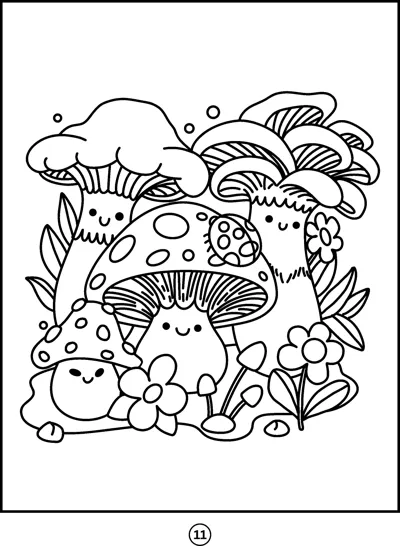 A cluster of mushrooms with smiling faces grows among flowers and leaves.