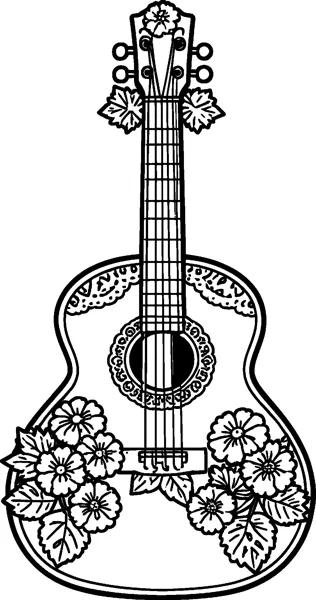 An acoustic guitar with lacy paper-cut patterns on its body, a round lacy sound hole and clusters of flowers.