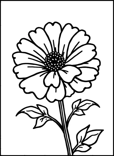 A single large marigold flower with wavy petals, a dotted center and a leafy stem inside a frame.