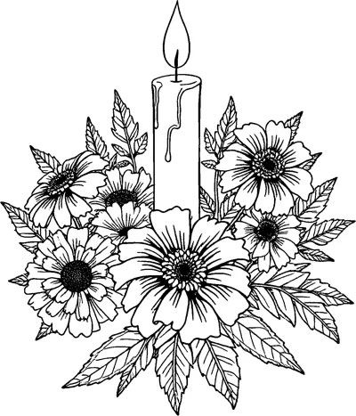 A tall lit candle with dripping wax stands in a full ring of marigold flowers and leaves.