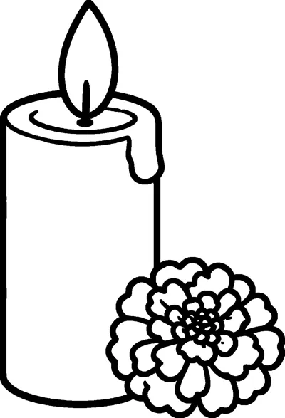 A tall lit candle with a wax drip and a small flame, with a round marigold flower at its base.