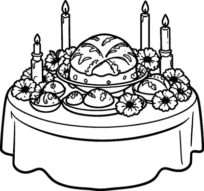 A round table holds a large pan de muerto loaf, small rolls, four lit candles and marigolds.