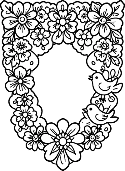 A pointed papel picado flag covered in cut-out flowers, with two small birds around an open centre.