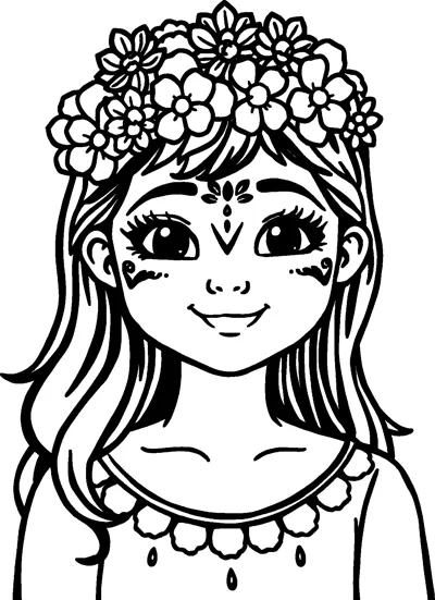 A smiling girl wears a full crown of flowers, with festive painted designs on her forehead and cheeks.